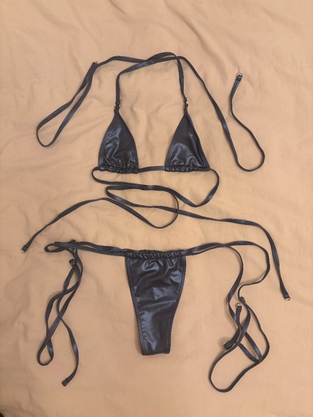 Unbranded Dark Blue Micro Bikini Set XS Faux Leather Look